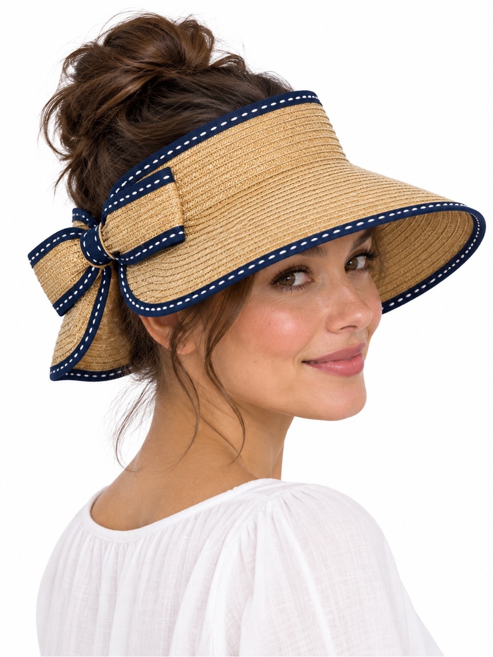 Tan Straw Sun Visor with Navy Trim